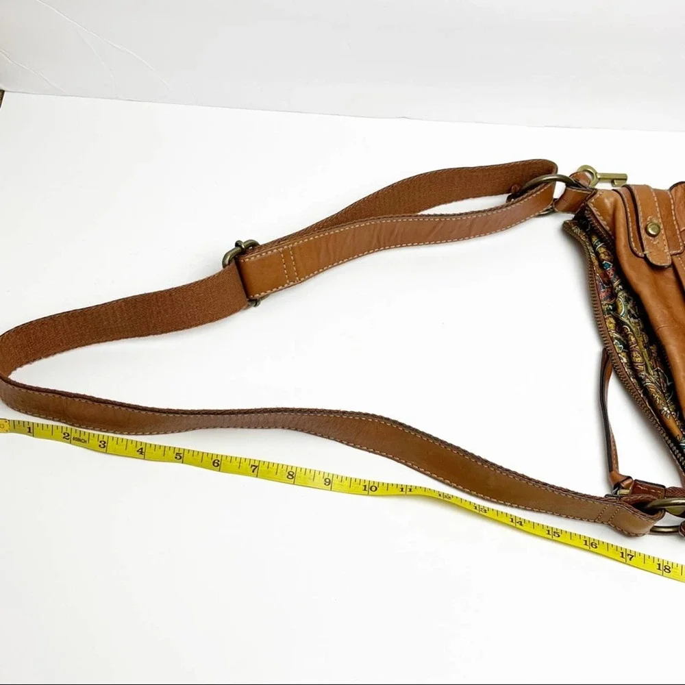 FOSSIL Brown Leather Stitched Adjustable Strap Paisley Lined Shoulder Bag Boho